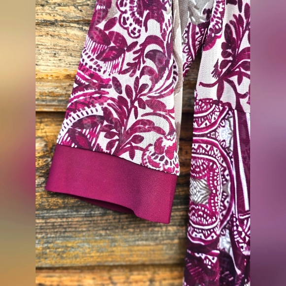 R&M Richard's Luxury Wine/Plum Sheer Lace Floral Open Cardigan Flowy Top Size 12 - Picture 6 of 14